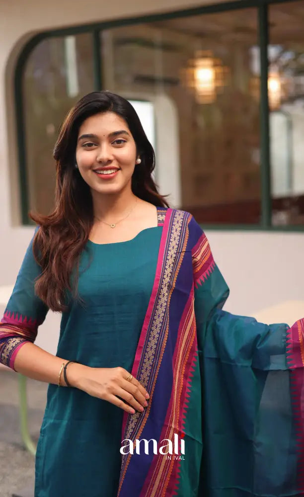 Meera Chettinad Cotton Salwar - Blue and Magenta - salwar