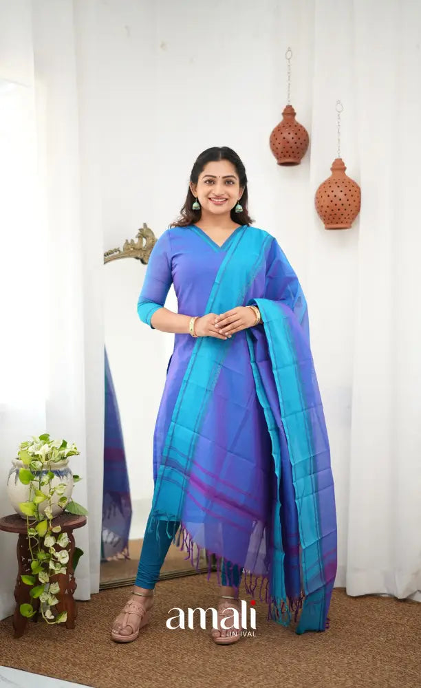 Meera Chettinad Cotton Salwar - Blueish Purple and Light Blue - salwar