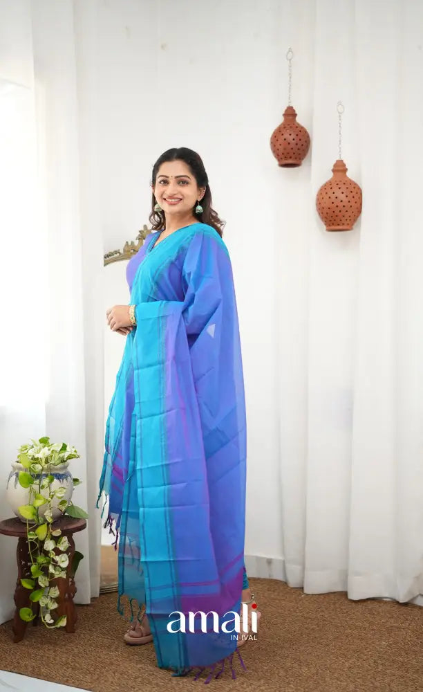 Meera Chettinad Cotton Salwar - Blueish Purple and Light Blue - salwar