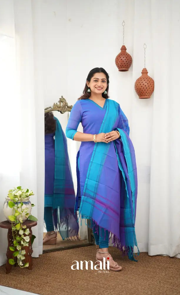 Meera Chettinad Cotton Salwar - Blueish Purple and Light Blue - salwar