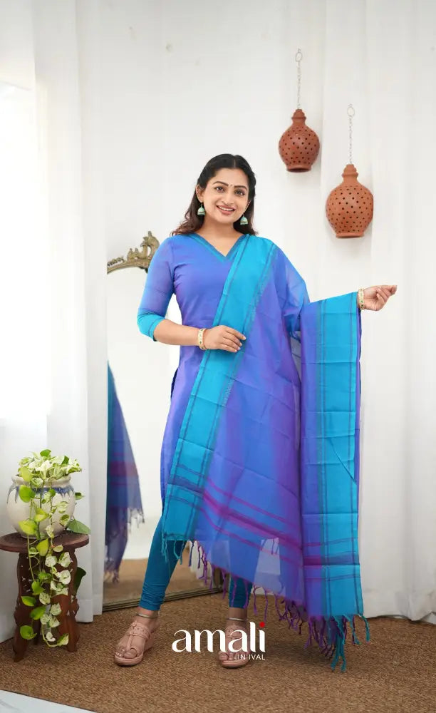 Meera Chettinad Cotton Salwar - Blueish Purple and Light Blue - salwar
