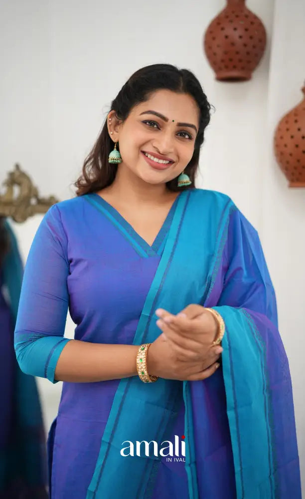 Meera Chettinad Cotton Salwar - Blueish Purple and Light Blue - salwar