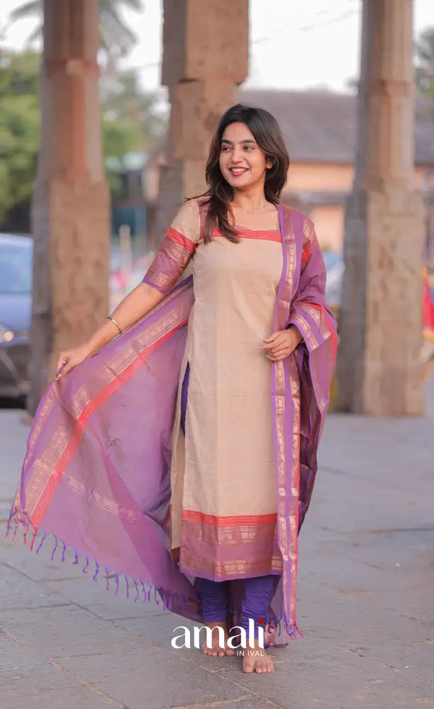 Meera Chettinad Cotton Salwar - Cream and Lavender salwar