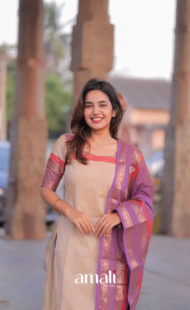 Meera Chettinad Cotton Salwar - Cream and Lavender salwar