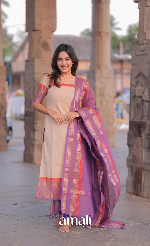 Meera Chettinad Cotton Salwar - Cream and Lavender salwar