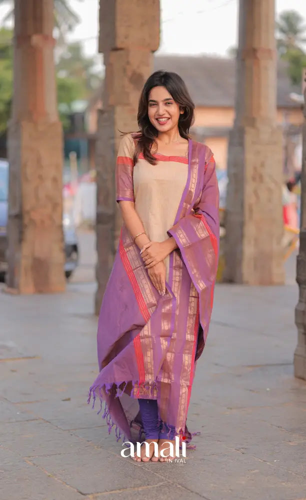 Meera Chettinad Cotton Salwar - Cream and Lavender salwar