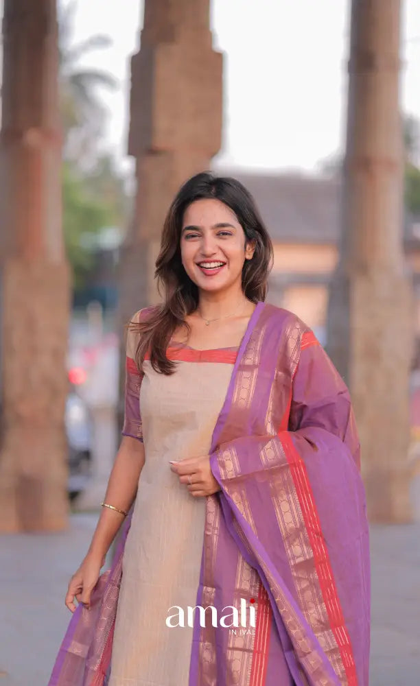 Meera Chettinad Cotton Salwar - Cream and Lavender salwar