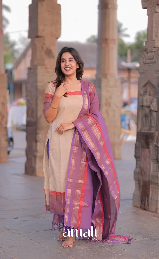Meera Chettinad Cotton Salwar - Cream and Lavender salwar