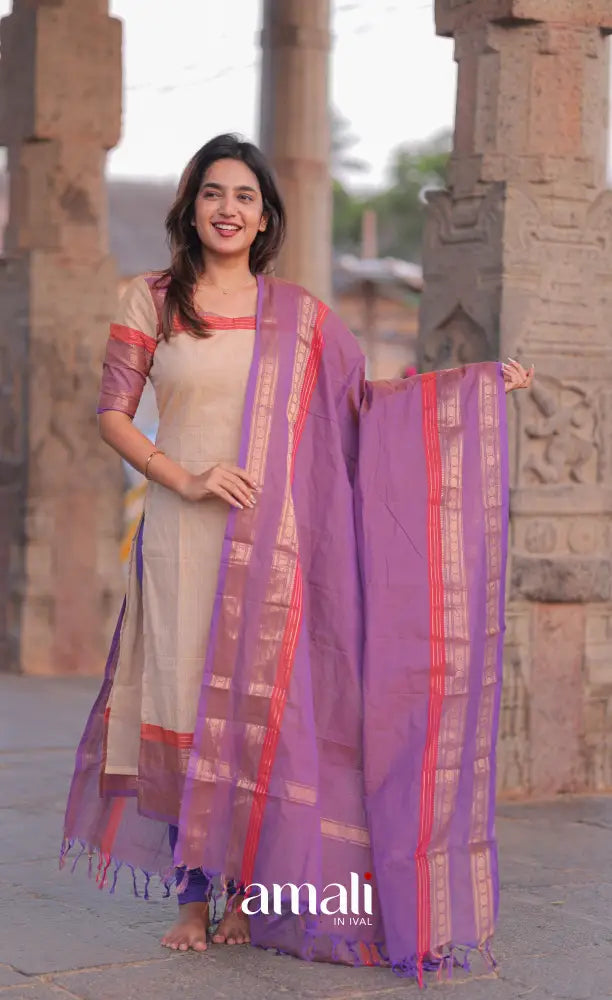 Meera Chettinad Cotton Salwar - Cream and Lavender salwar