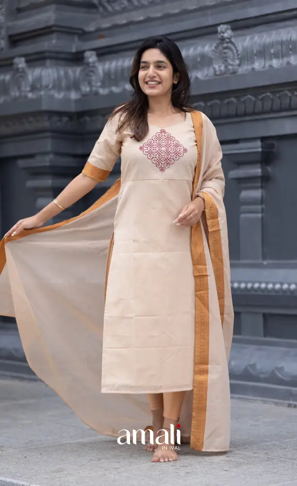 Meera Chettinad Cotton Salwar - Cream and Mustard salwar