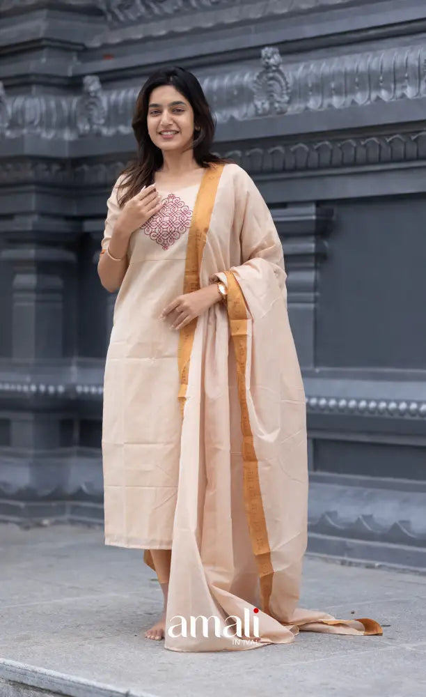 Meera Chettinad Cotton Salwar - Cream and Mustard salwar