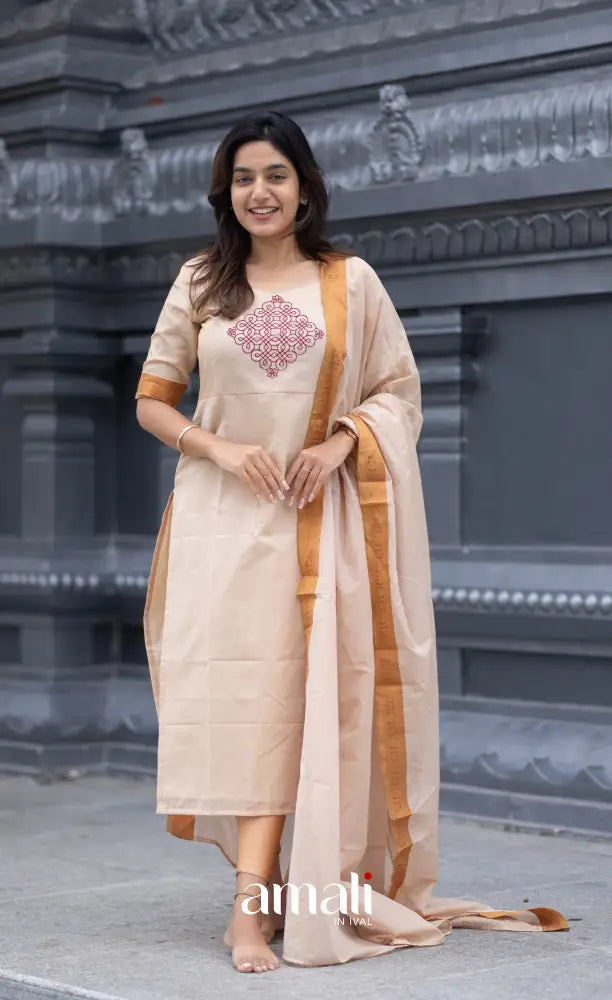 Meera Chettinad Cotton Salwar - Cream and Mustard salwar