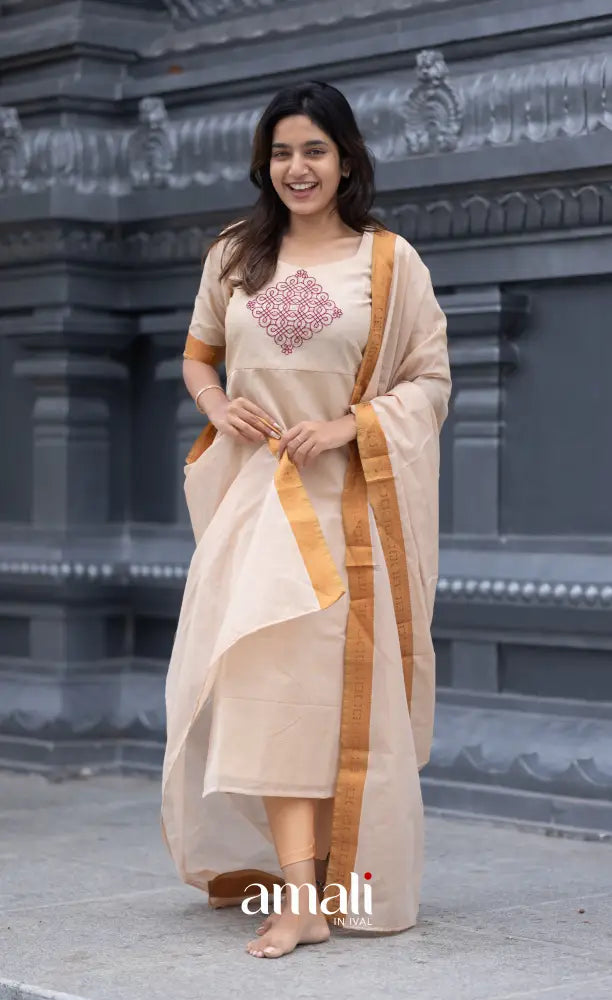 Meera Chettinad Cotton Salwar - Cream and Mustard salwar