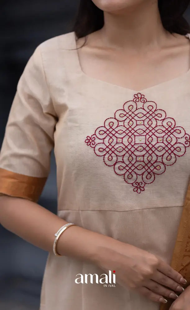 Meera Chettinad Cotton Salwar - Cream and Mustard salwar