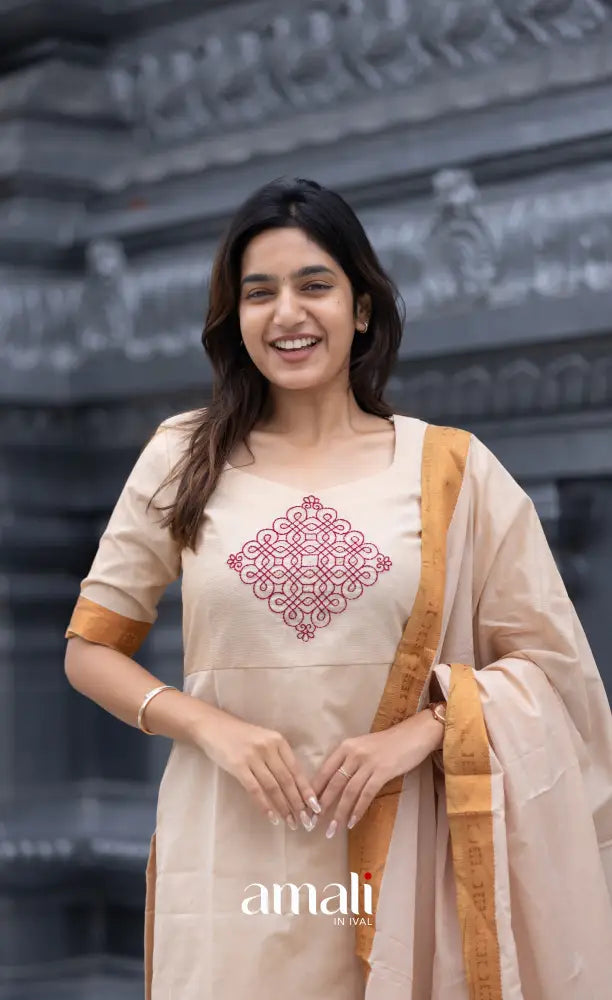 Meera Chettinad Cotton Salwar - Cream and Mustard salwar