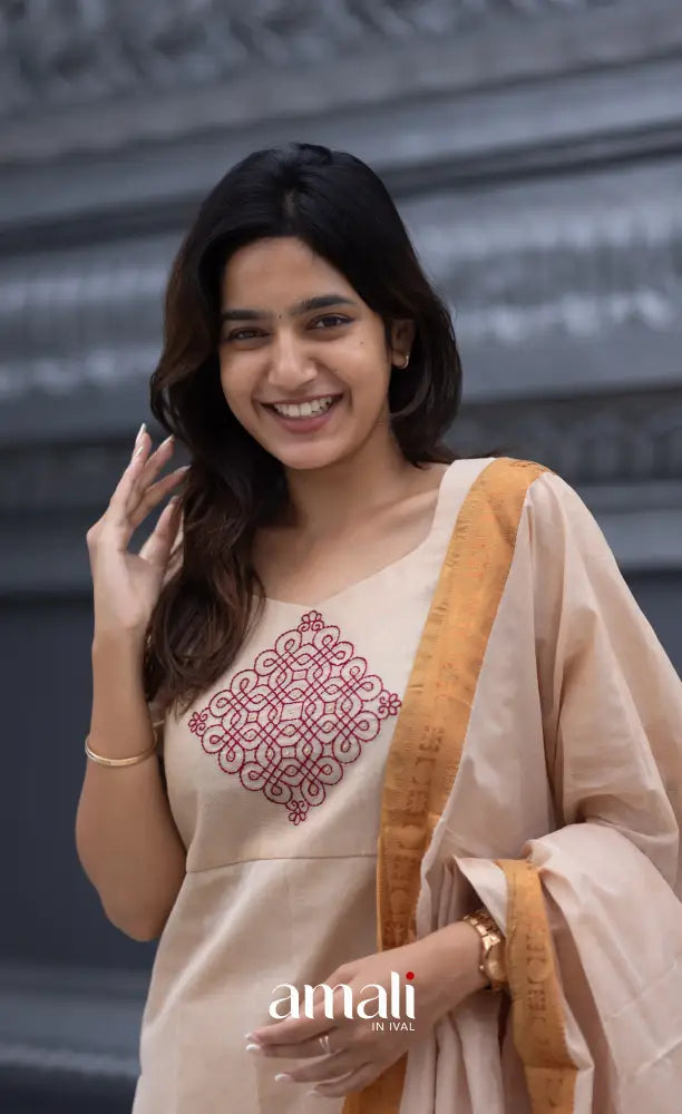 Meera Chettinad Cotton Salwar - Cream and Mustard salwar