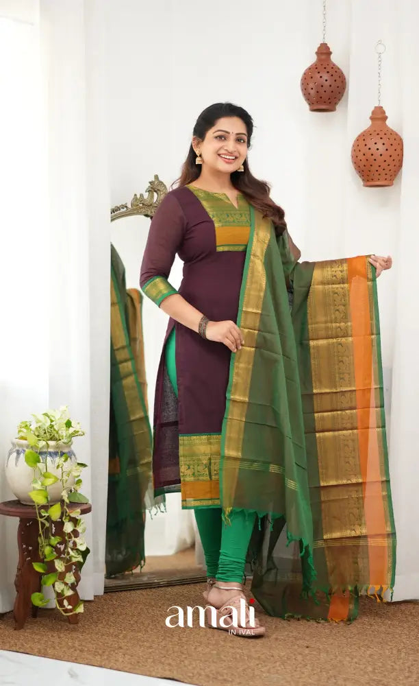 Meera Chettinad Cotton Salwar - Dark Maroon and deep Green - salwar
