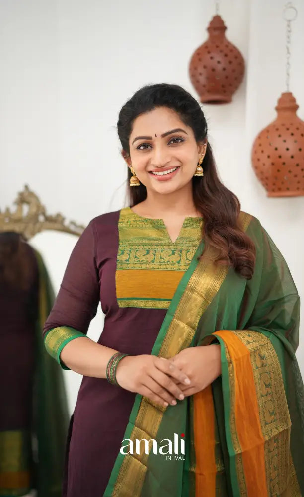 Meera Chettinad Cotton Salwar - Dark Maroon and deep Green - salwar
