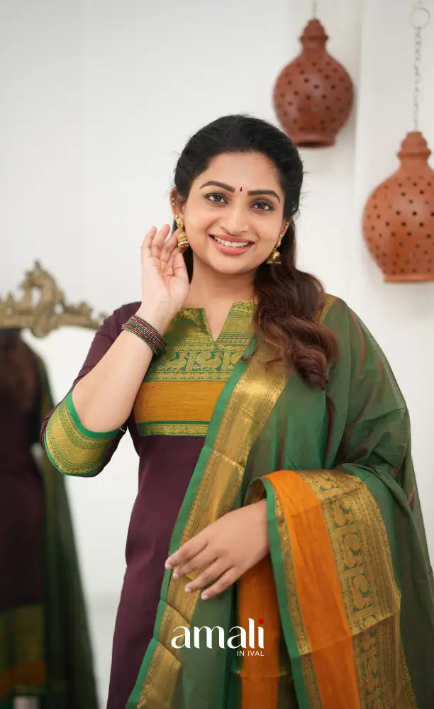Meera Chettinad Cotton Salwar - Dark Maroon and deep Green - salwar