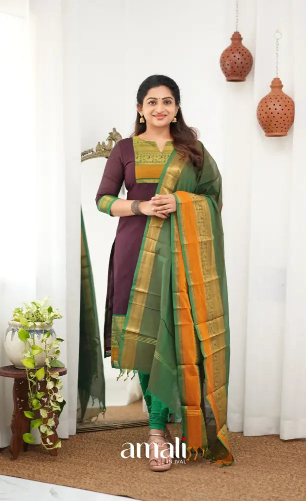 Meera Chettinad Cotton Salwar - Dark Maroon and deep Green - salwar