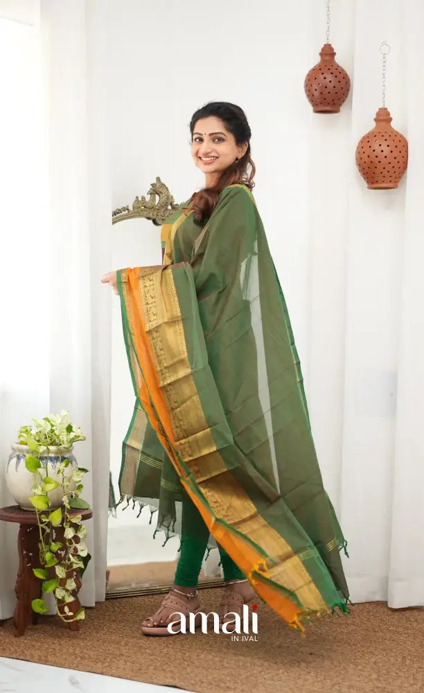 Meera Chettinad Cotton Salwar - Dark Maroon and deep Green - salwar