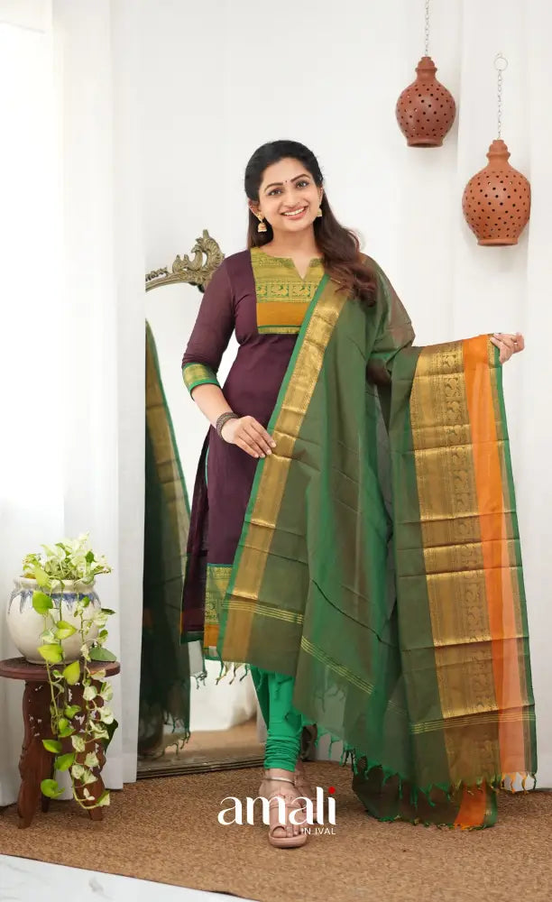 Meera Chettinad Cotton Salwar - Dark Maroon and deep Green - salwar