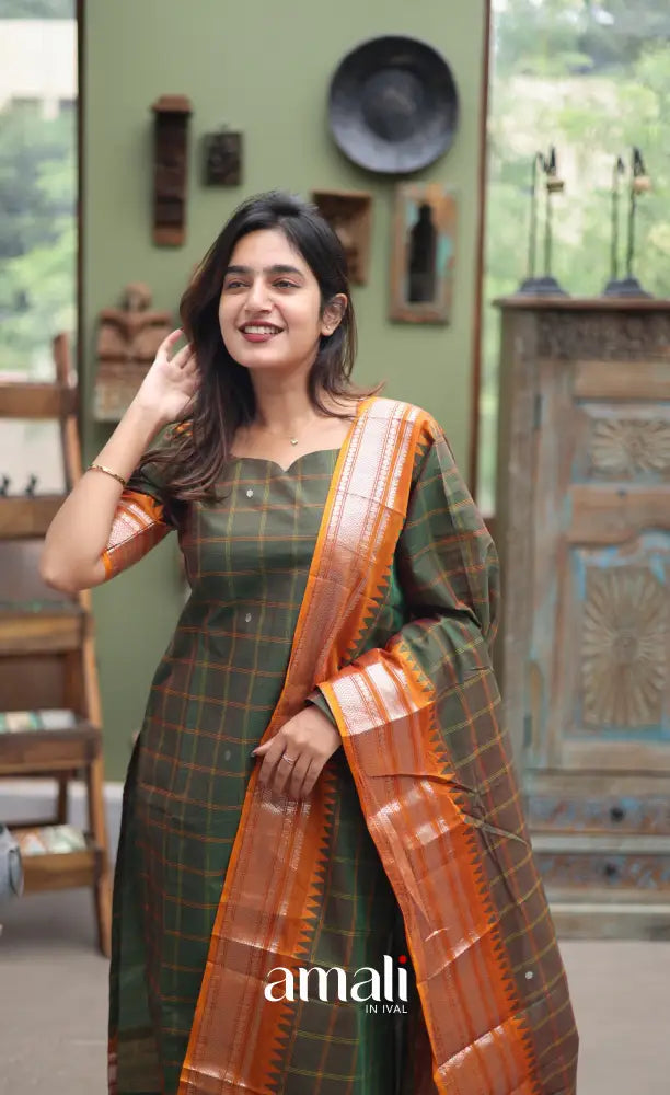 Meera Chettinad Cotton Salwar - dark Olive Green and Mustard Orange salwar