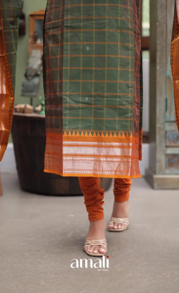 Meera Chettinad Cotton Salwar - dark Olive Green and Mustard Orange salwar