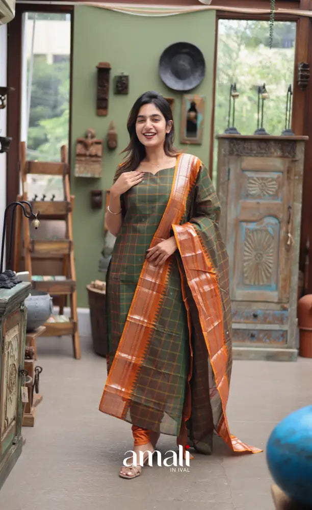 Meera Chettinad Cotton Salwar - dark Olive Green and Mustard Orange salwar