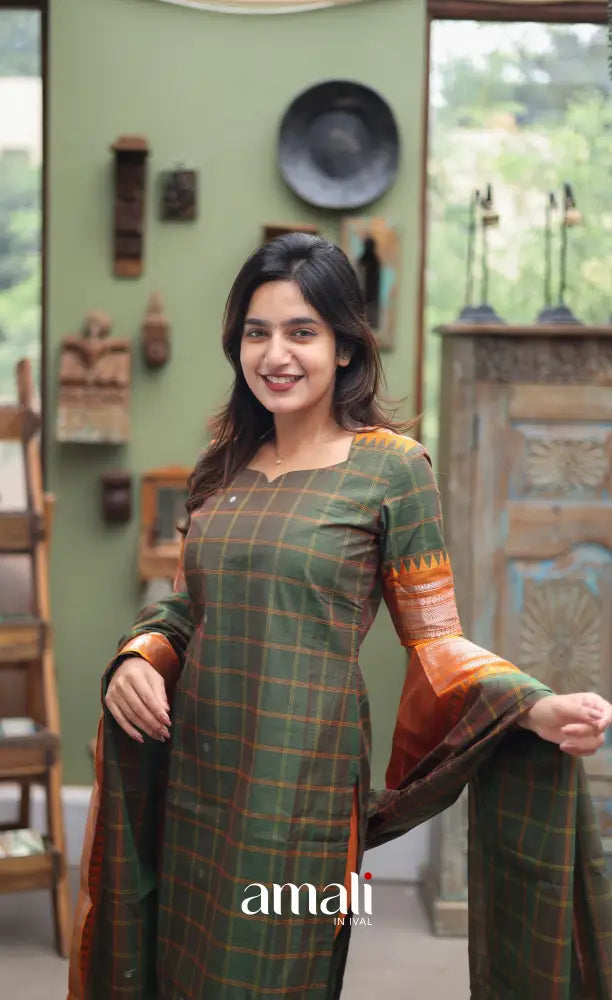 Meera Chettinad Cotton Salwar - dark Olive Green and Mustard Orange salwar