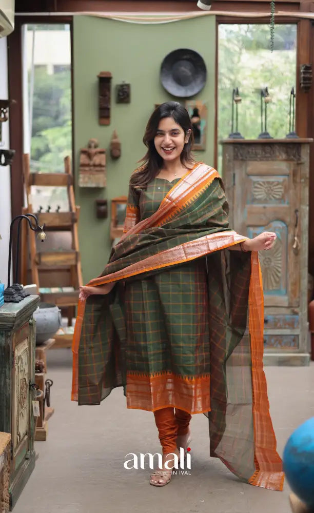 Meera Chettinad Cotton Salwar - dark Olive Green and Mustard Orange salwar