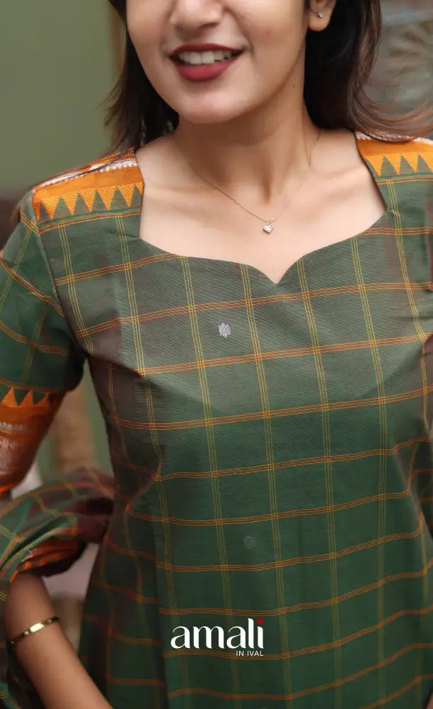 Meera Chettinad Cotton Salwar - dark Olive Green and Mustard Orange salwar