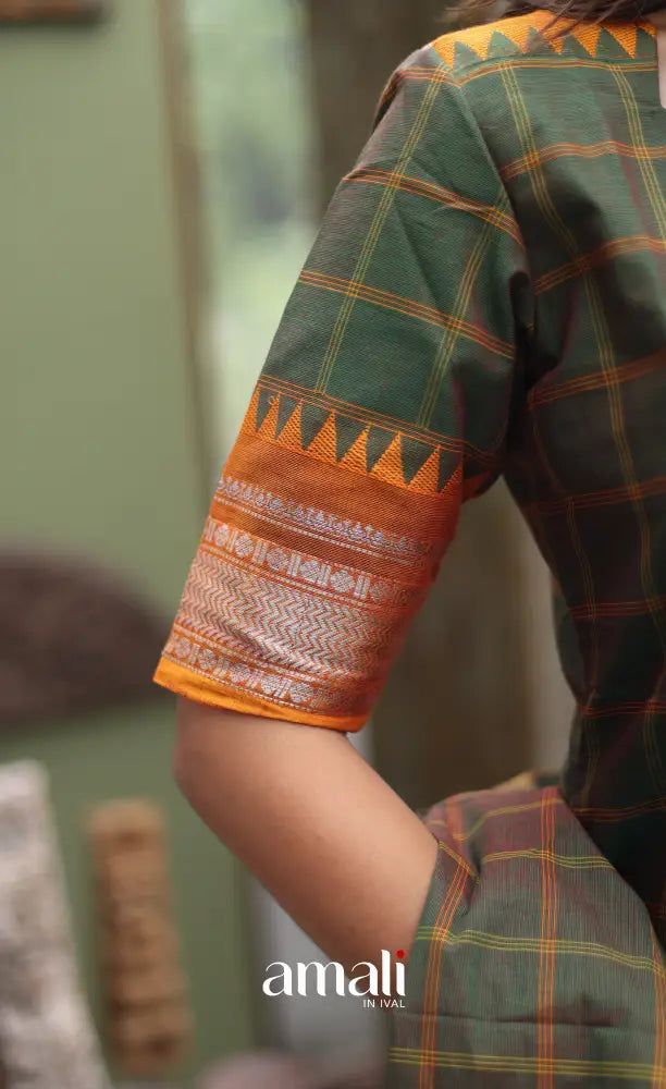 Meera Chettinad Cotton Salwar - dark Olive Green and Mustard Orange salwar