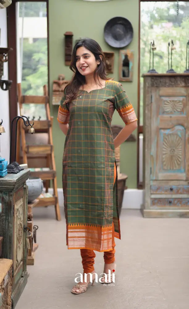 Meera Chettinad Cotton Salwar - dark Olive Green and Mustard Orange salwar