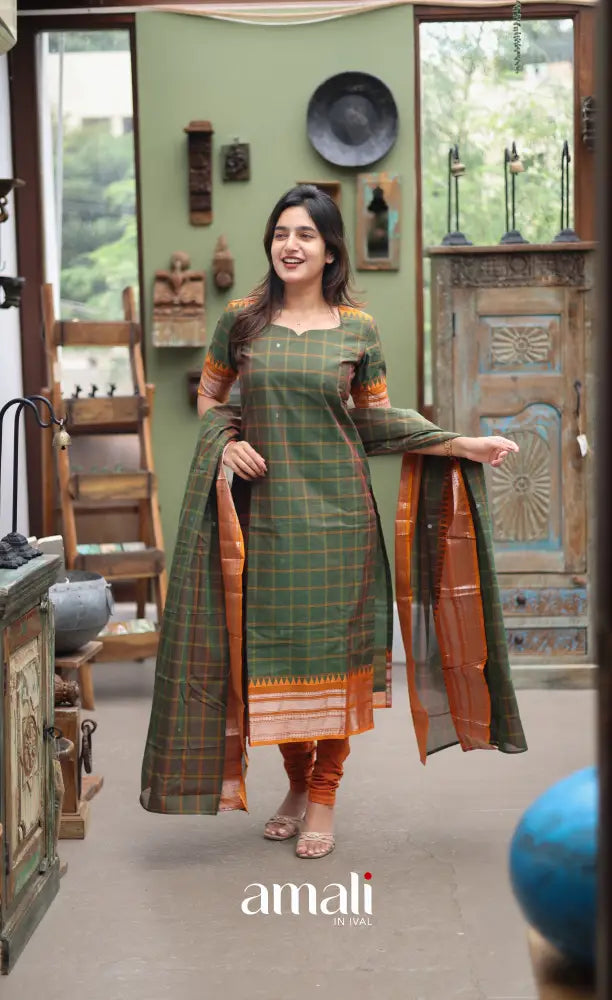 Meera Chettinad Cotton Salwar - dark Olive Green and Mustard Orange salwar
