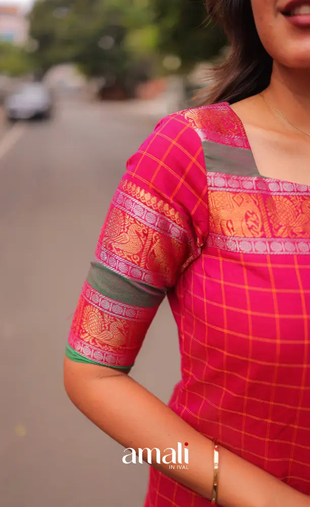 Meera Chettinad Cotton Salwar - Dark Pink and Green salwar