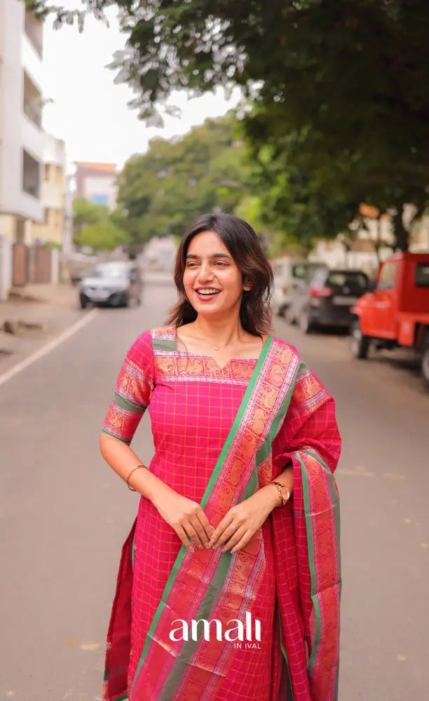 Meera Chettinad Cotton Salwar - Dark Pink and Green salwar