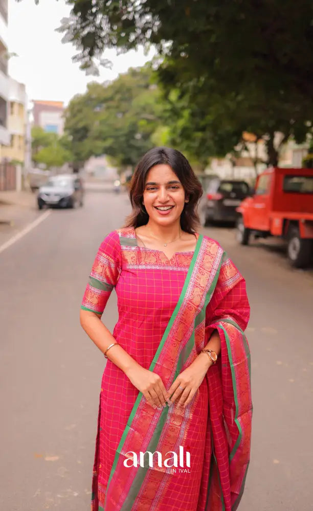 Meera Chettinad Cotton Salwar - Dark Pink and Green salwar