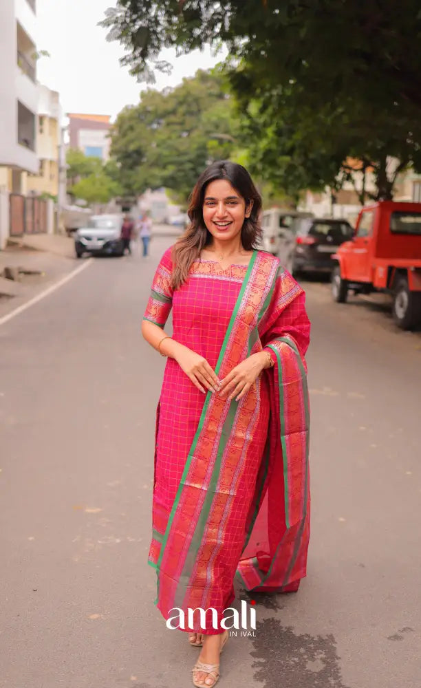 Meera Chettinad Cotton Salwar - Dark Pink and Green salwar