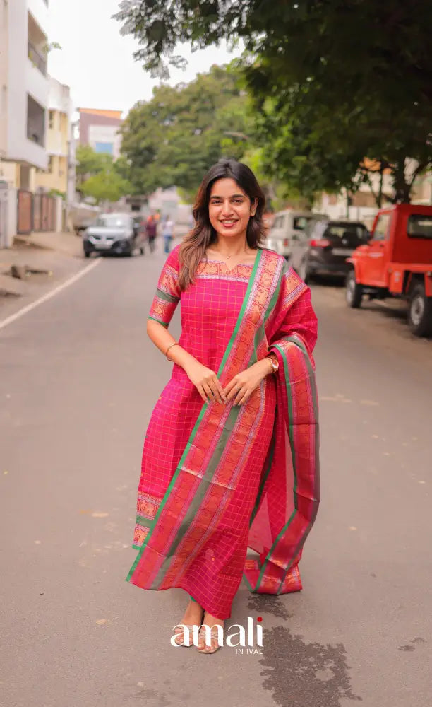 Meera Chettinad Cotton Salwar - Dark Pink and Green salwar