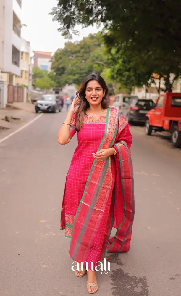 Meera Chettinad Cotton Salwar - Dark Pink and Green salwar