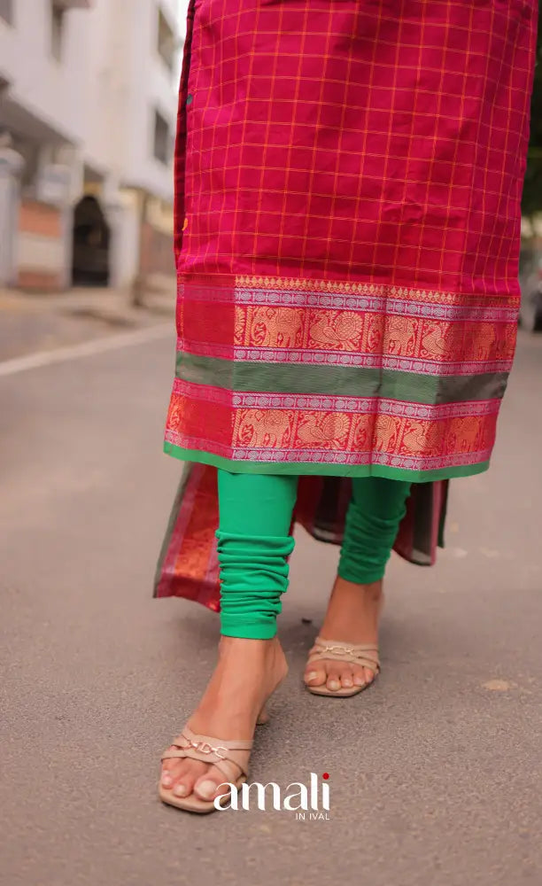 Meera Chettinad Cotton Salwar - Dark Pink and Green salwar