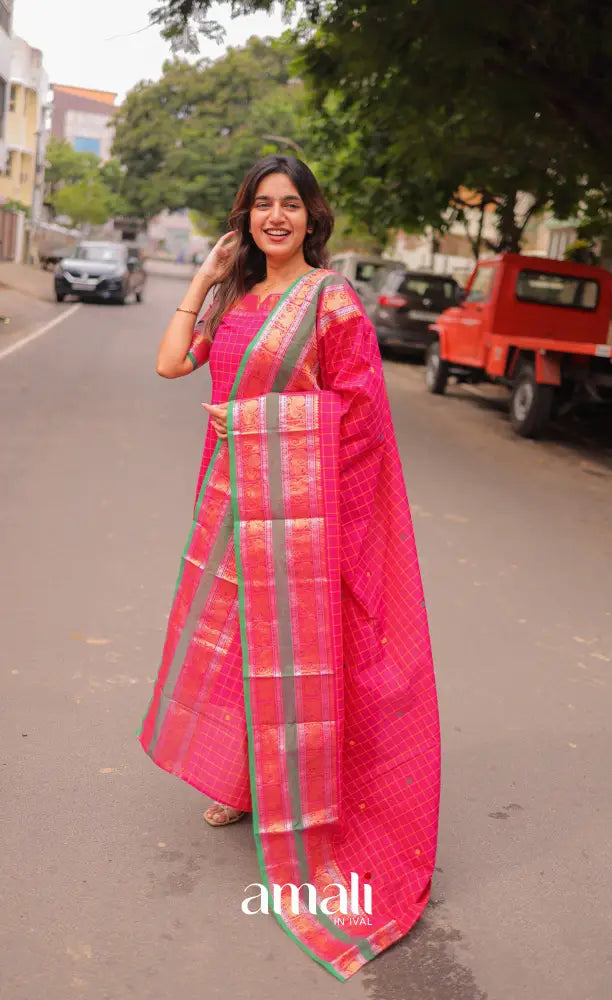 Meera Chettinad Cotton Salwar - Dark Pink and Green salwar