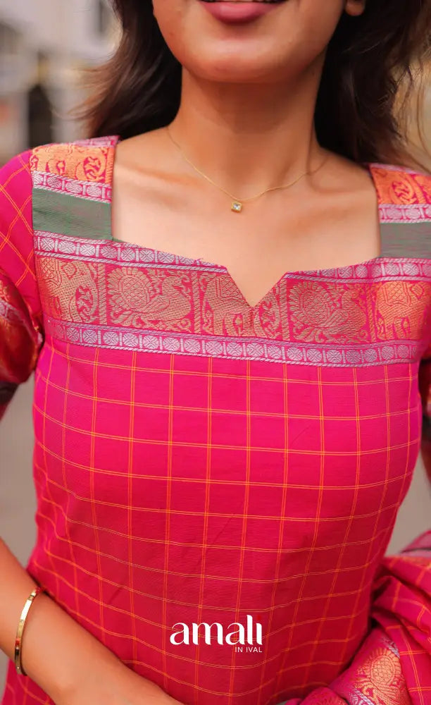 Meera Chettinad Cotton Salwar - Dark Pink and Green salwar