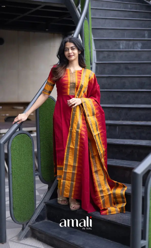 Meera Chettinad Cotton Salwar - dark Red and Mustard salwar