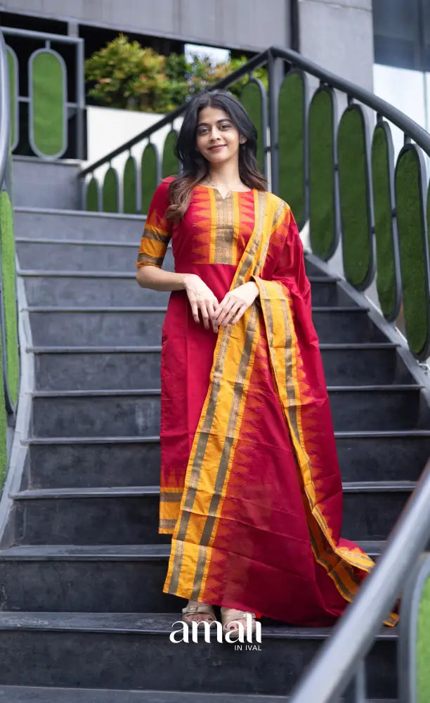 Meera Chettinad Cotton Salwar - dark Red and Mustard salwar