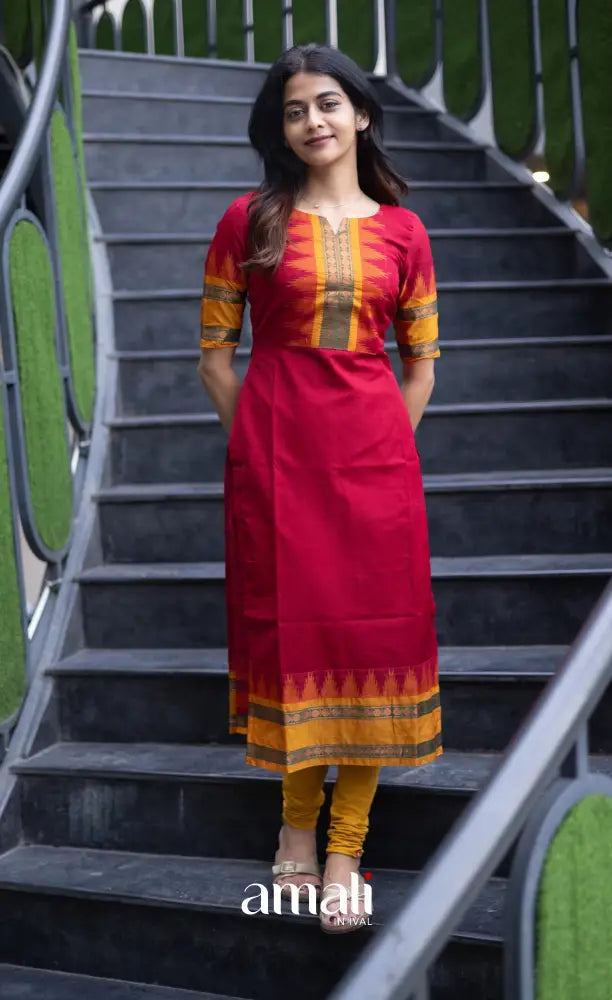 Meera Chettinad Cotton Salwar - dark Red and Mustard salwar