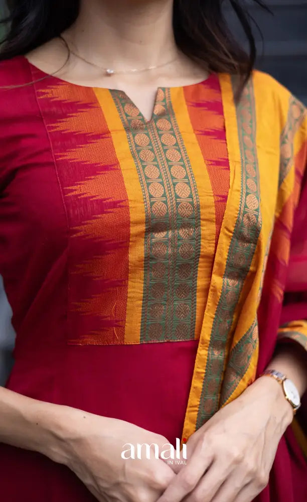 Meera Chettinad Cotton Salwar - dark Red and Mustard salwar