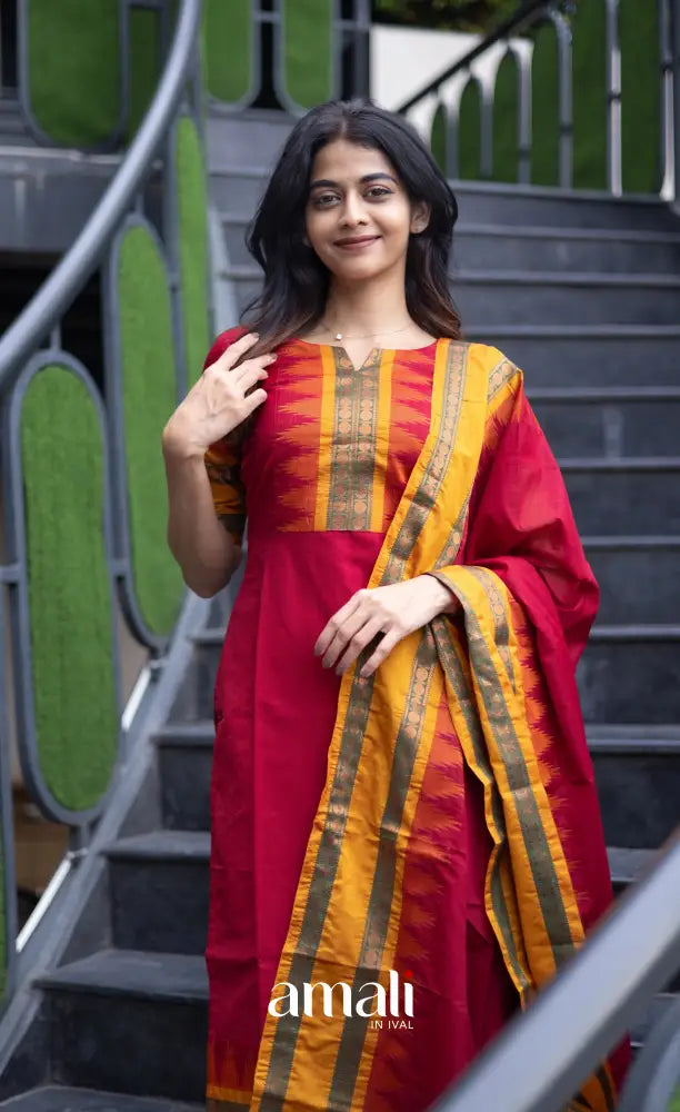 Meera Chettinad Cotton Salwar - dark Red and Mustard salwar