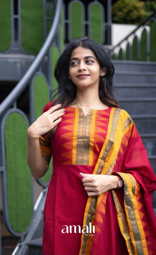 Meera Chettinad Cotton Salwar - dark Red and Mustard salwar